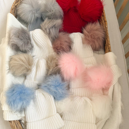 Baby knit double pom hat, ribbed cream beanie with grey, red, pink and blue pom poms