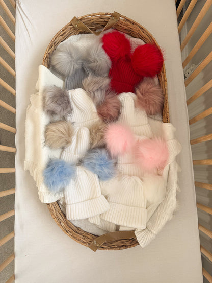 Baby knit double pom hats, cream ribbed beanies with grey, red and blue pom poms