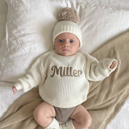 Baby chunky knitted jumper with off-white knit texture and 'Miller' script front