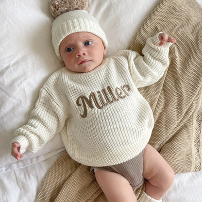 Baby chunky knitted jumper with off-white knit and brown 'Miller' script center