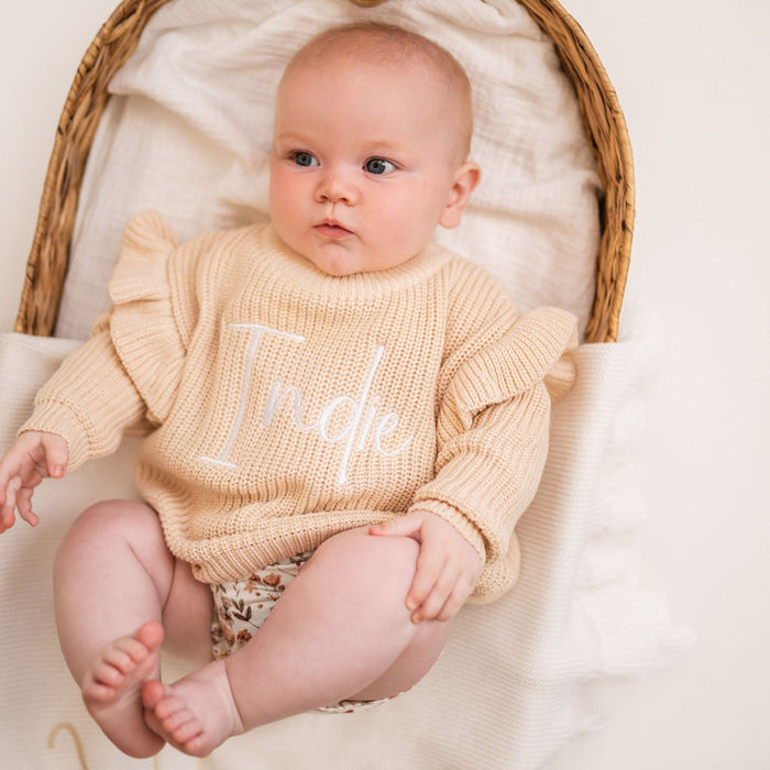 Beige knitted jumper with frill sleeves and 'Katie' embroidery, crew neck