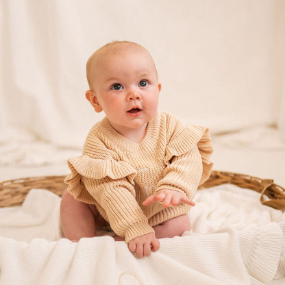Beige knitted jumper with frill sleeves, round neck, 'Katie' front embroidery