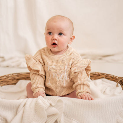 Beige knitted jumper with frill sleeves and 'Katie' embroidery, long sleeves