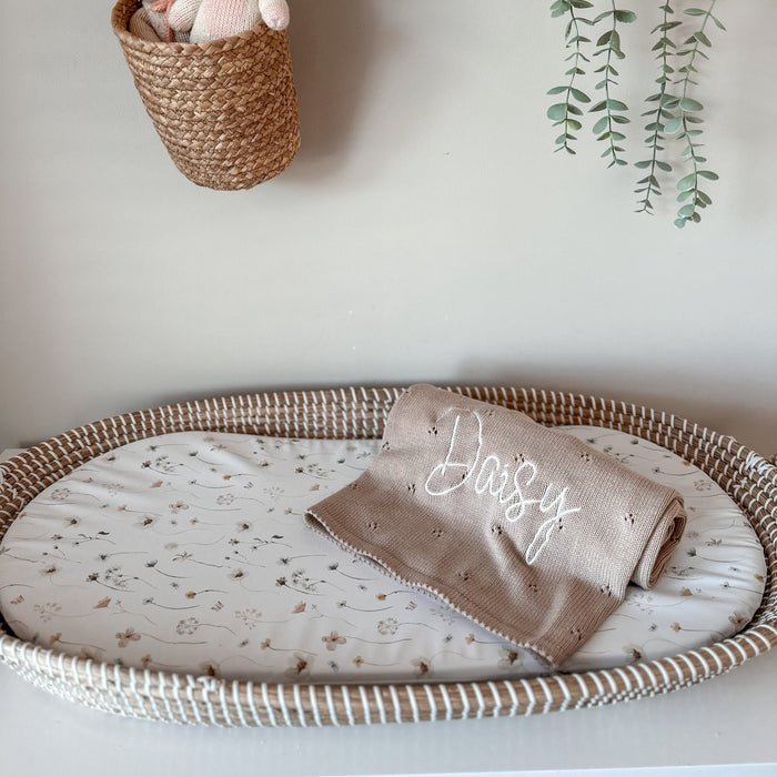 Beige personalized baby knit blanket with cursive embroidery, fringed edge