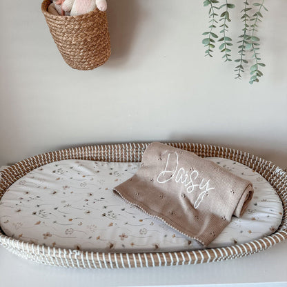 Beige personalized baby knit blanket with cursive embroidery, fringed edge