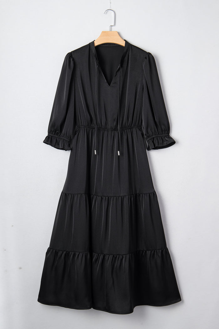 Black Flounced Bracelet Sleeve V Neck Tiered Maxi Dress 🇺🇸