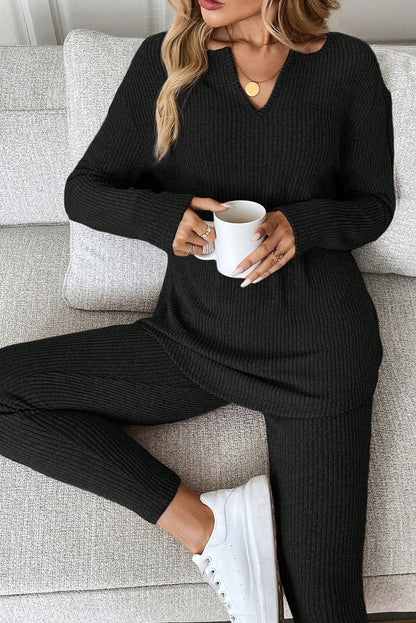 Black Ribbed Notched Neck Knit Long Sleeve Leggings Two Pieces Lounge Set 🇺🇸