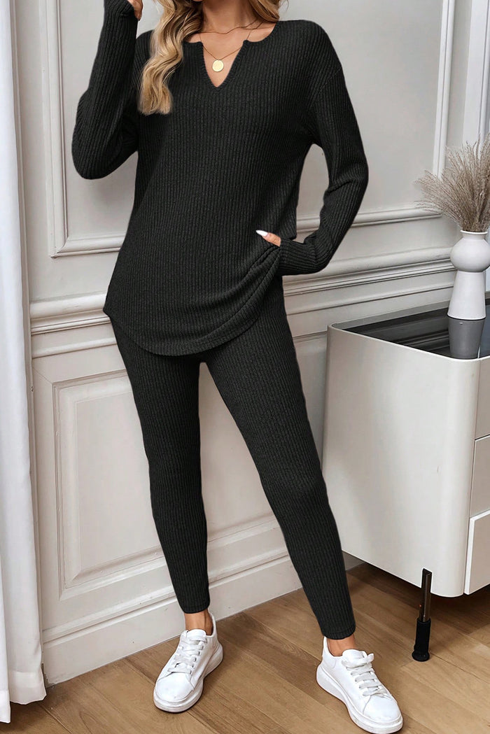 Black Ribbed Notched Neck Knit Long Sleeve Leggings Two Pieces Lounge Set 🇺🇸