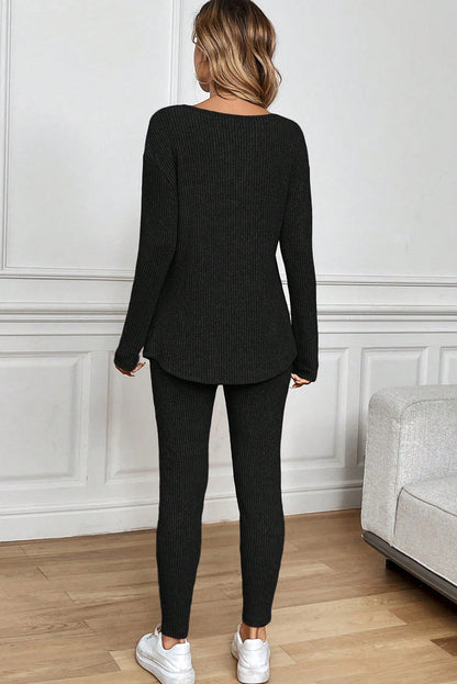 Black Ribbed Notched Neck Knit Long Sleeve Leggings Two Pieces Lounge Set 🇺🇸