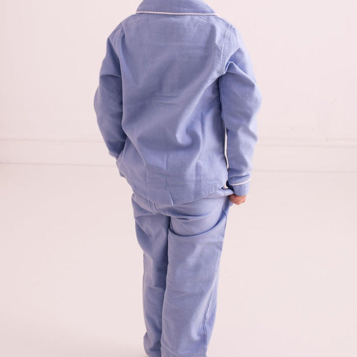 Light blue pajama set back view with buttoned shirt and matching pants