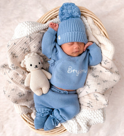 Blue newborn kimono set with pom-pom beanie and embroidered Bryson front