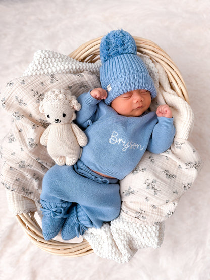 Blue newborn knit kimono set with pom-pom beanie, Bryson embroidery on tunic