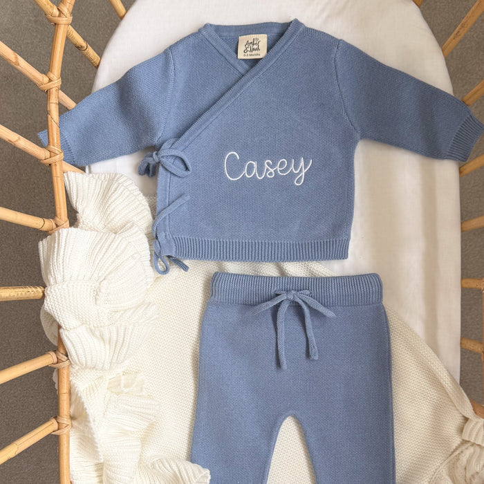 Blue baby kimono top with crossover neck and matching drawstring trousers, Casey