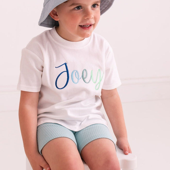 White T-shirt with multicolor 'Joey' script embroidery and crew neckline