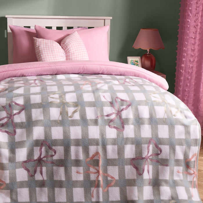 Bow Gingham Print Fleece Throw - White/Grey 🇬🇧