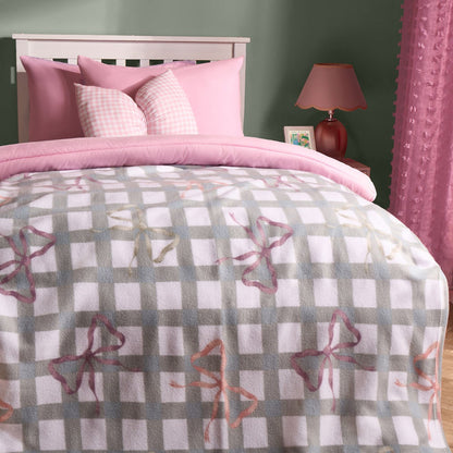 Bow Gingham Print Fleece Throw - White/Grey 🇬🇧