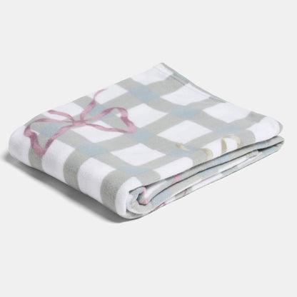 Bow Gingham Print Fleece Throw - White/Grey 🇬🇧