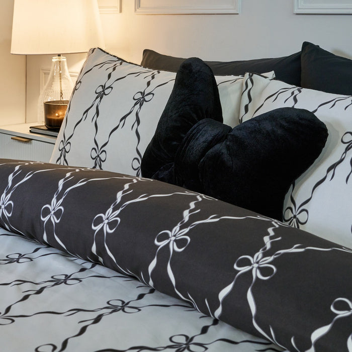 Bow Ribbon Print Reversible Duvet Cover Set - Monochrome 🇬🇧