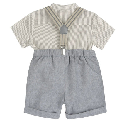 Boys Beige and Grey Striped Shirt with Shorts