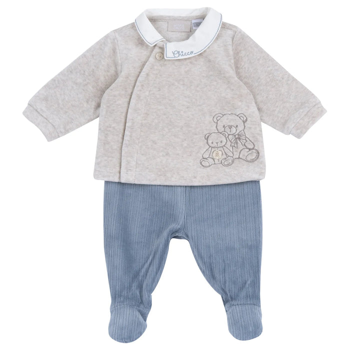 Boys Beige & Blue Embroidered Smock with Legging