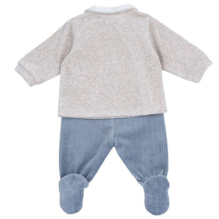 Boys Beige & Blue Embroidered Smock with Legging