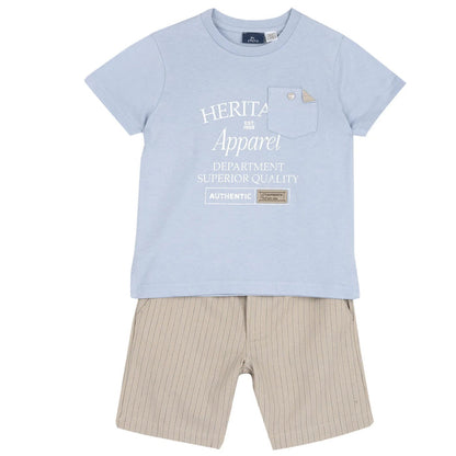 Boys Blue and Beige Printed T-Shirt with Shorts