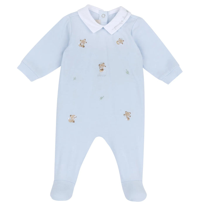 Boys Light Blue Embroidered Back Opening Babysuit