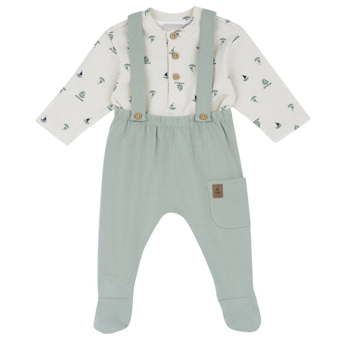 Boys Medium Green Printed Smock with Leggings