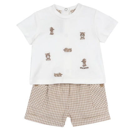Boys White and Beige Embroidered T-Shirt with Shorts