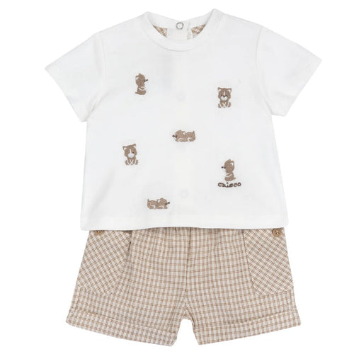 Boys White and Beige Embroidered T-Shirt with Shorts