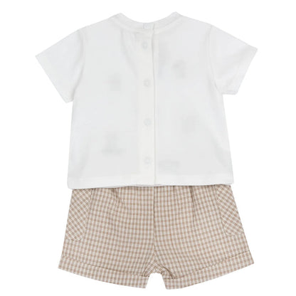 Boys White and Beige Embroidered T-Shirt with Shorts