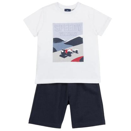Boys White and Blue Graphic Printed T-Shirt with Shorts