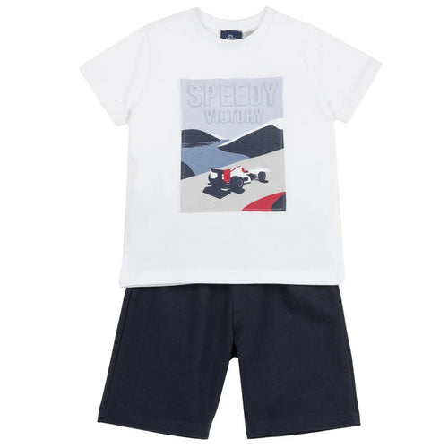 Boys White and Blue Graphic Printed T-Shirt with Shorts