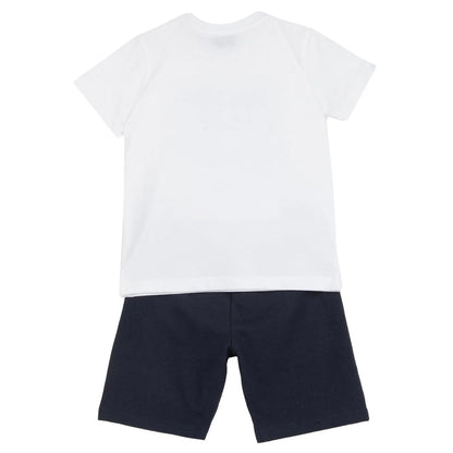 Boys White and Blue Graphic Printed T-Shirt with Shorts