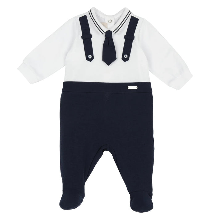Boys White and Blue Self Design Back Opening Babysuit