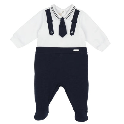 Boys White and Blue Self Design Back Opening Babysuit