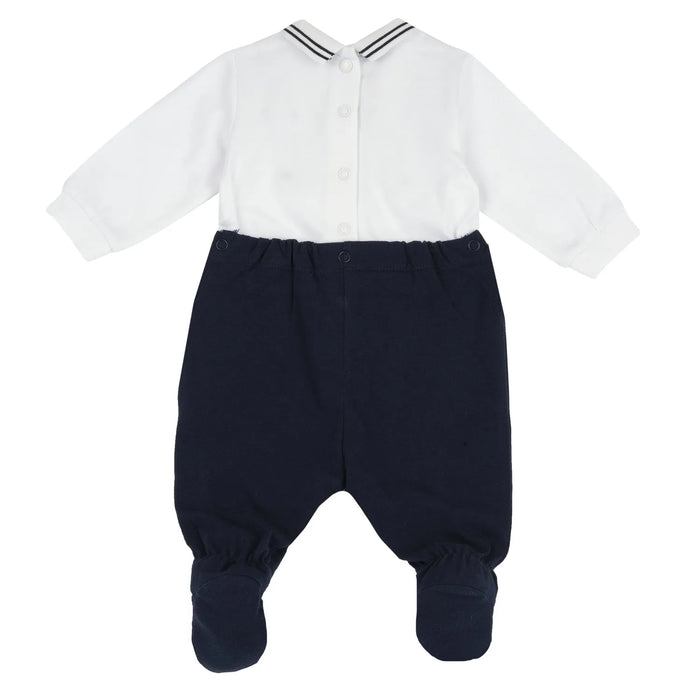 Boys White and Blue Self Design Back Opening Babysuit