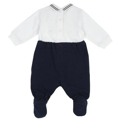 Boys White and Blue Self Design Back Opening Babysuit