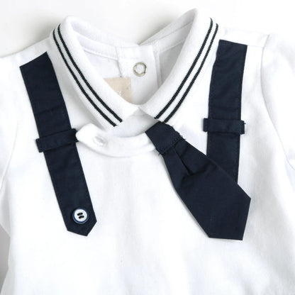 Boys White and Blue Self Design Back Opening Babysuit