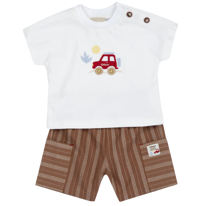 Boys White and Brown Embroidered T-Shirt with Shorts
