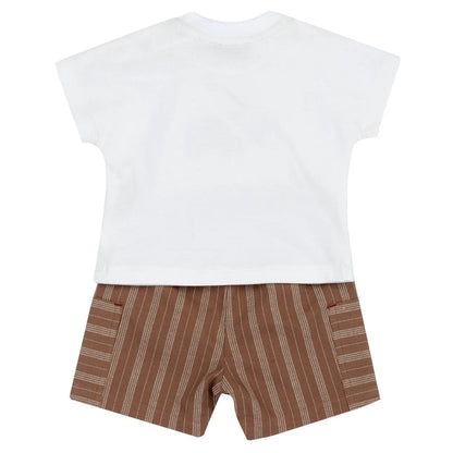 Boys White and Brown Embroidered T-Shirt with Shorts