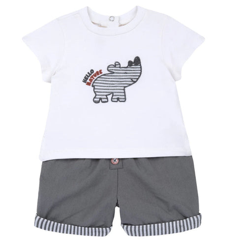 Boys White and Grey Embroidered T-Shirt with Shorts