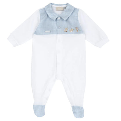 Boys White and Light Blue Checked Front Opening Babysuit