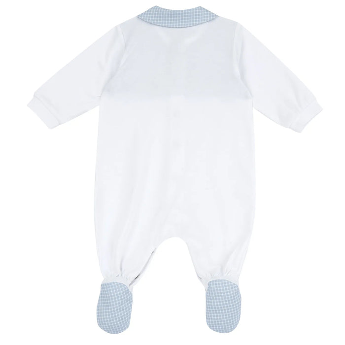 Boys White and Light Blue Checked Front Opening Babysuit