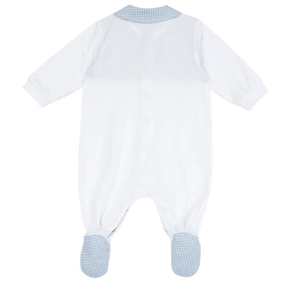 Boys White and Light Blue Checked Front Opening Babysuit