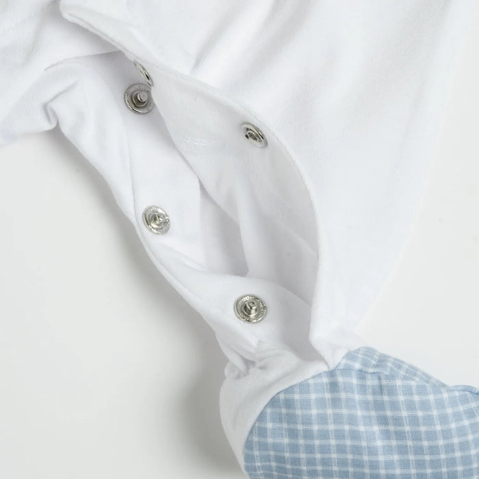 Boys White and Light Blue Checked Front Opening Babysuit