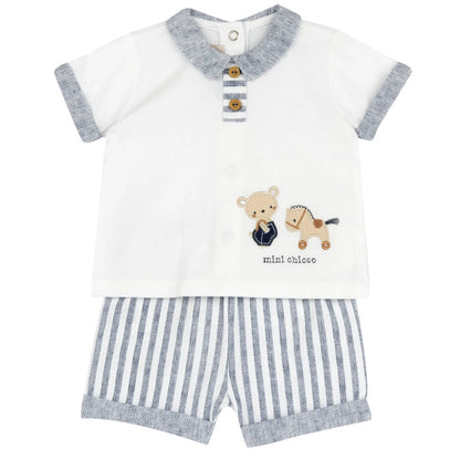 Boys White and Light Blue Embroidered Polo with Shorts