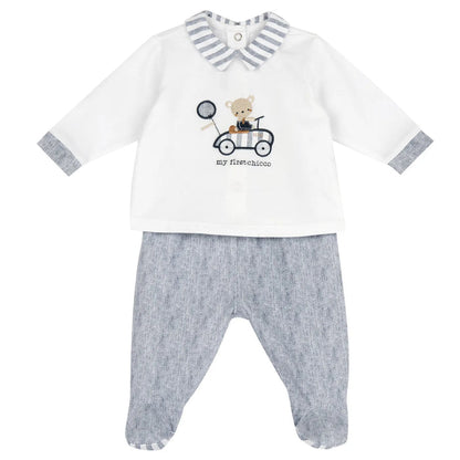 Boys White and Light Blue Embroidered Smock with Leggings