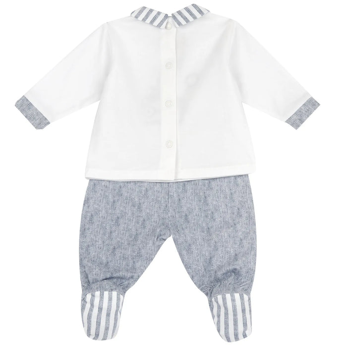 Boys White and Light Blue Embroidered Smock with Leggings