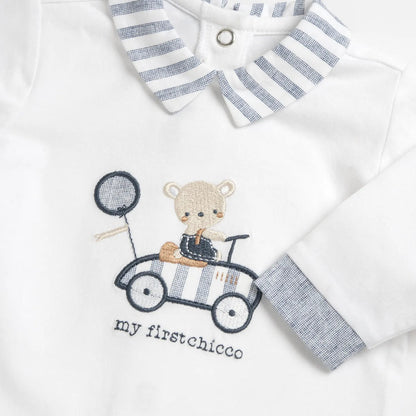 Boys White and Light Blue Embroidered Smock with Leggings